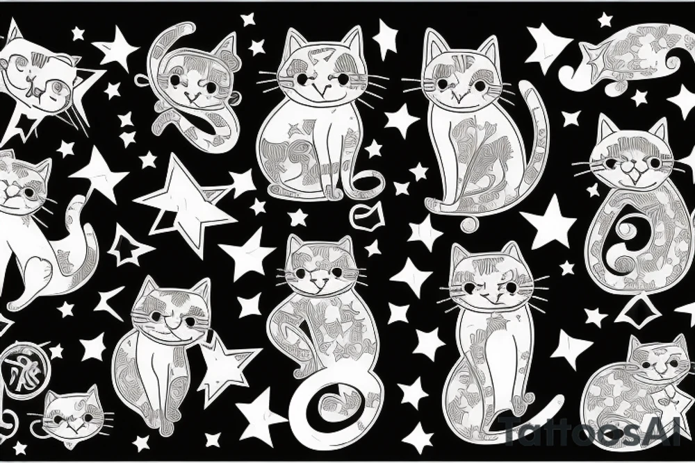 Stretching cat and colorful stars tattoo idea