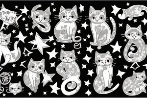 Stretching cat and colorful stars tattoo idea