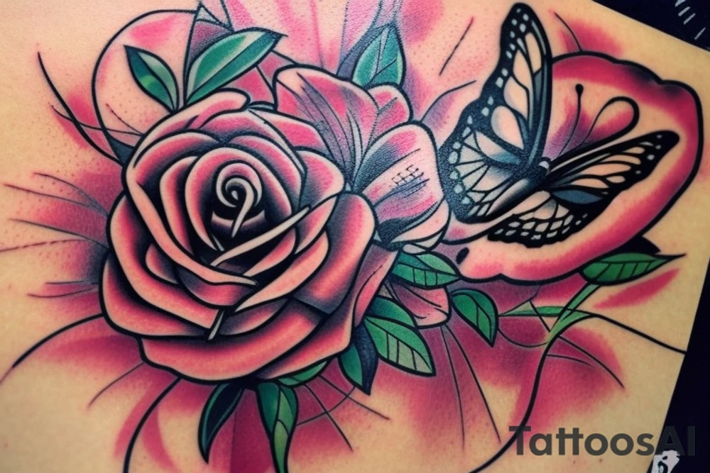 Traditional rose with a butterfly coming out. tattoo idea