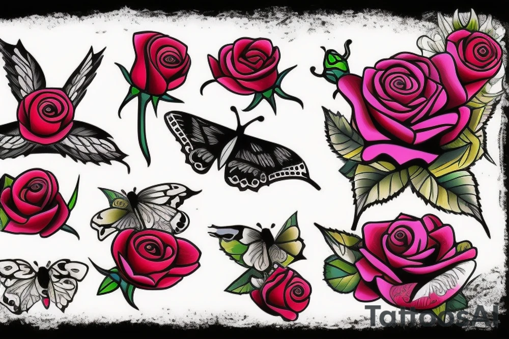 Traditional rose with a butterfly coming out. tattoo idea