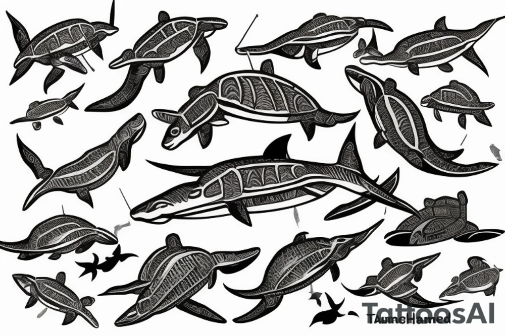hammerhead shark with turtles and fish tattoo idea