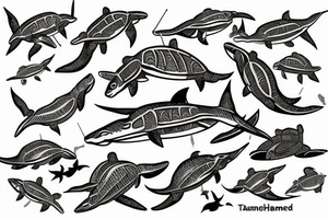 hammerhead shark with turtles and fish tattoo idea