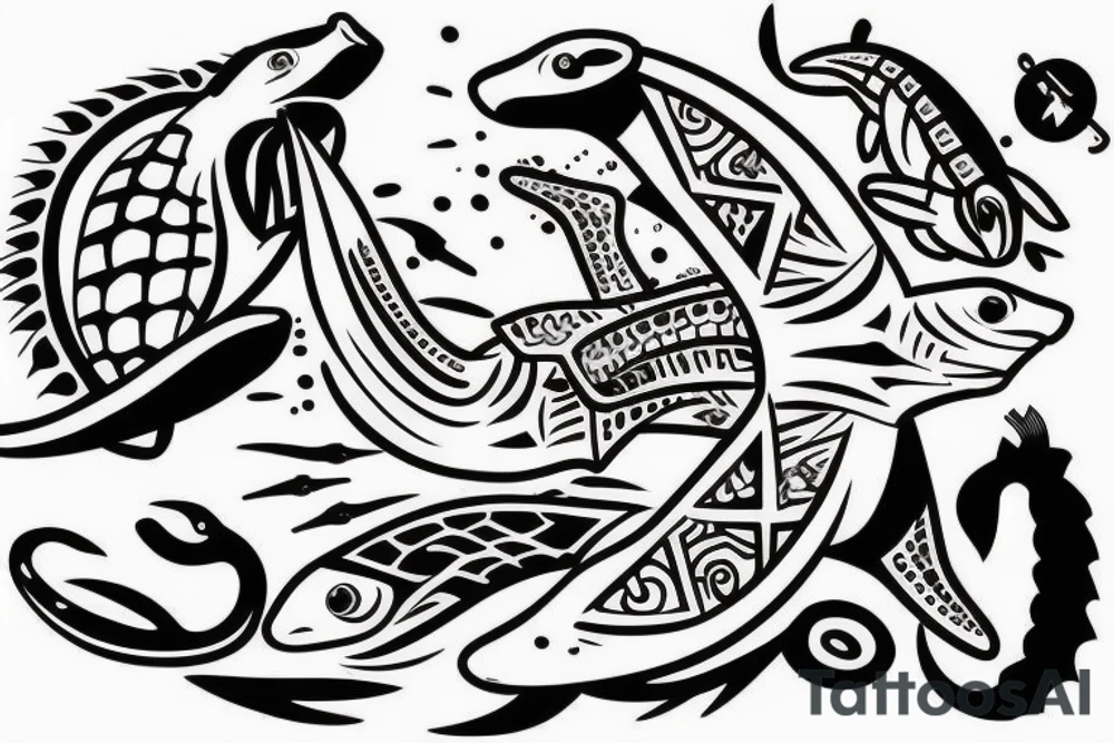 hammerhead shark with turtles and fish tattoo idea