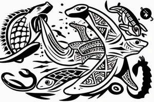 hammerhead shark with turtles and fish tattoo idea