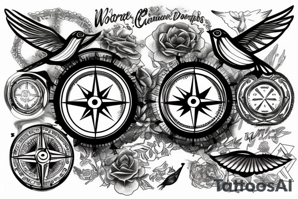 compass, words, birds tattoo idea