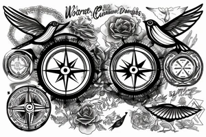 compass, words, birds tattoo idea