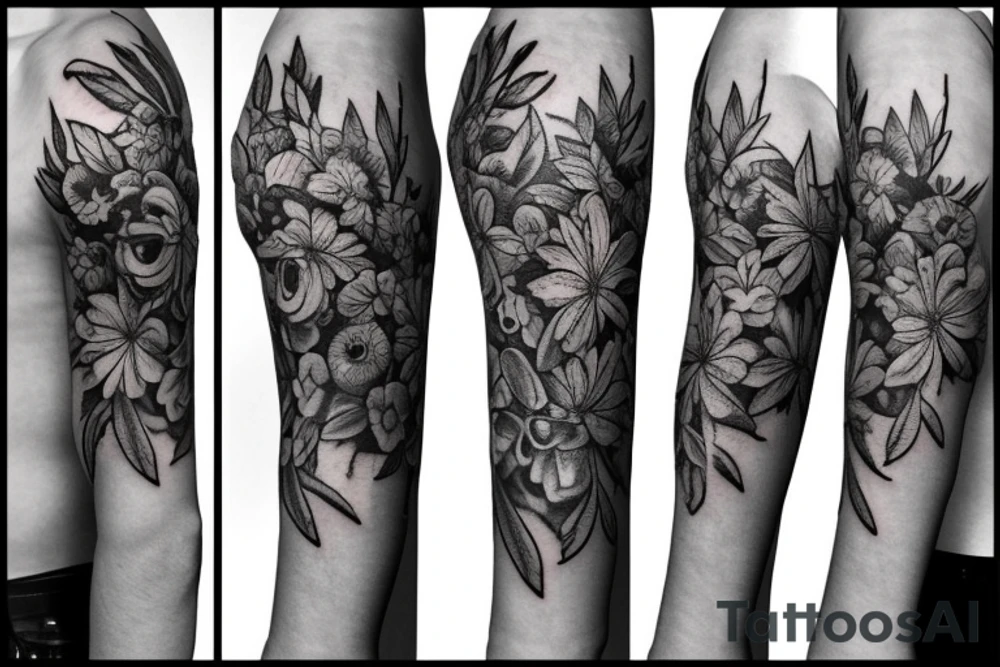 flower skull branch tattoo idea