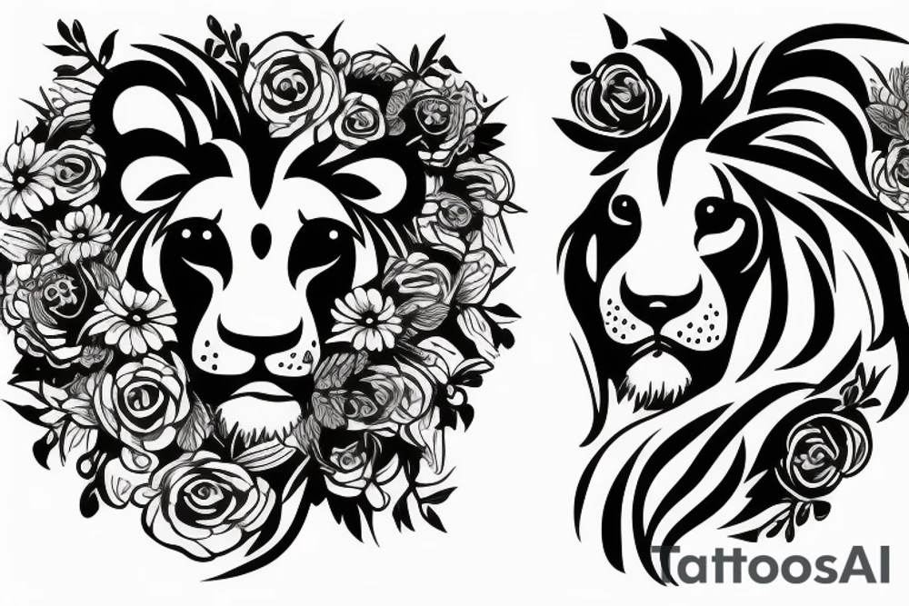 Woman lion head with flowers around it tattoo idea