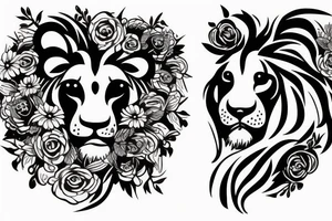 Woman lion head with flowers around it tattoo idea