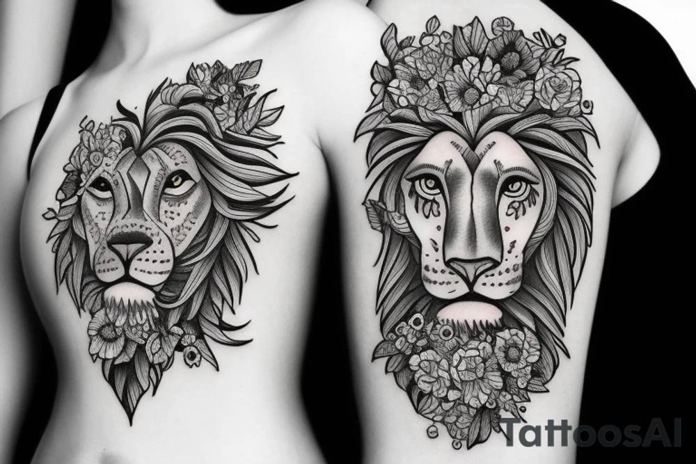 Woman lion head with flowers around it tattoo idea
