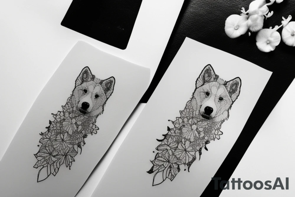 Samoyed among flowers tattoo idea