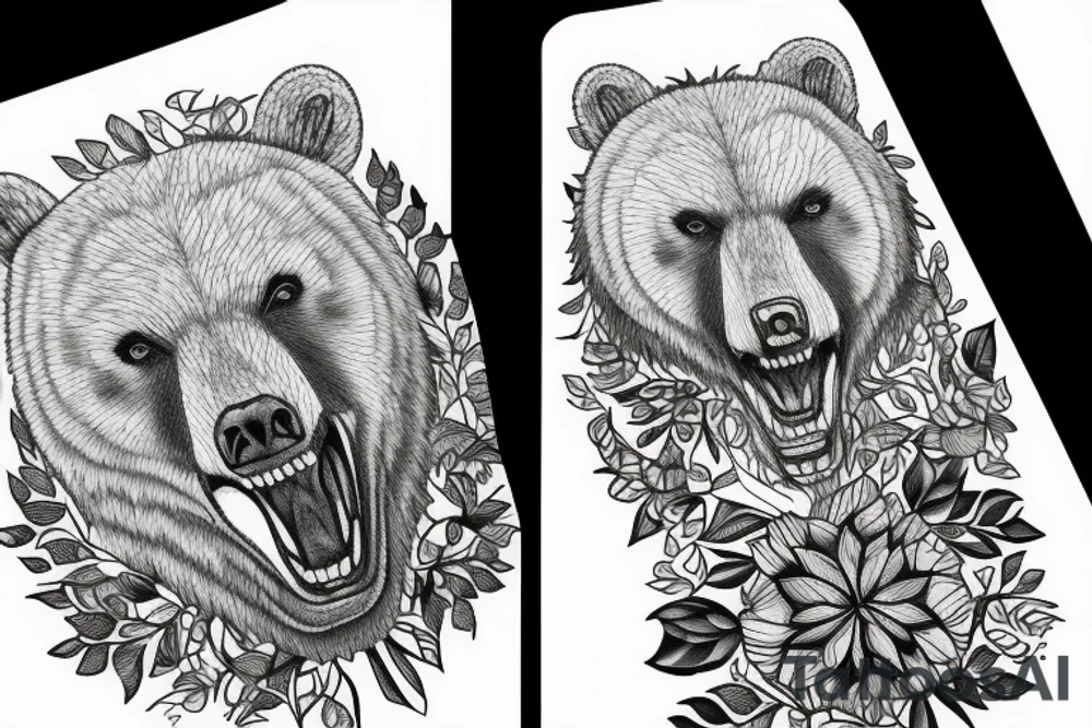 Angry bear house forest tattoo idea