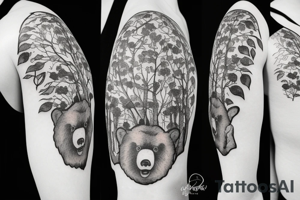 Angry bear house forest tattoo idea