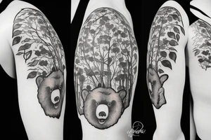 Angry bear house forest tattoo idea
