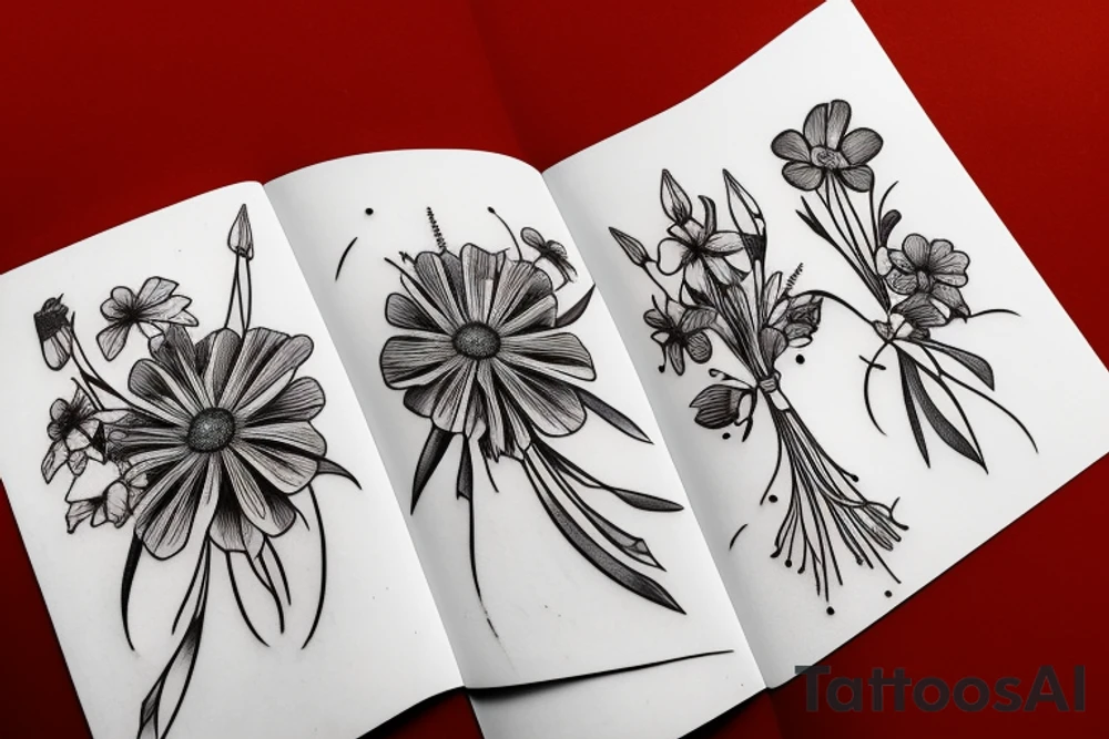 Flower bouquet with larkspur, Lily, and cosmos flowers tattoo idea