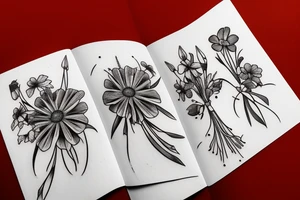 Flower bouquet with larkspur, Lily, and cosmos flowers tattoo idea