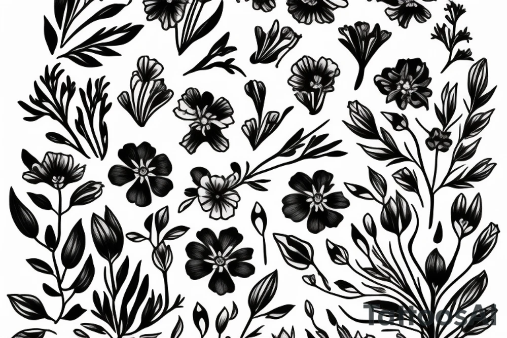 Flower bouquet with larkspur, Lily, and cosmos flowers tattoo idea