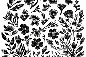 Flower bouquet with larkspur, Lily, and cosmos flowers tattoo idea
