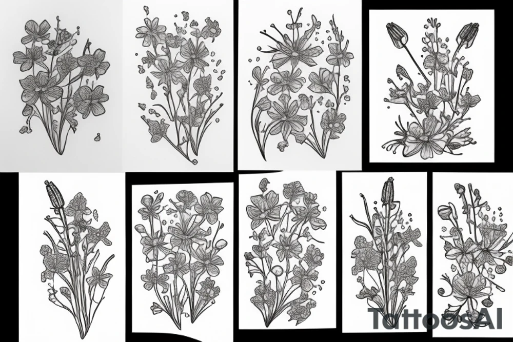 larkspur, Lily, and cosmos flowers tattoo idea