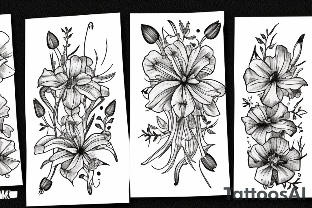 larkspur, Lily, and cosmos flowers tattoo idea