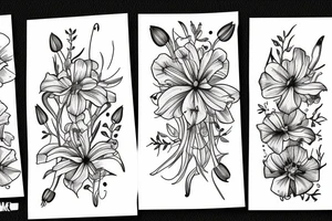 larkspur, Lily, and cosmos flowers tattoo idea