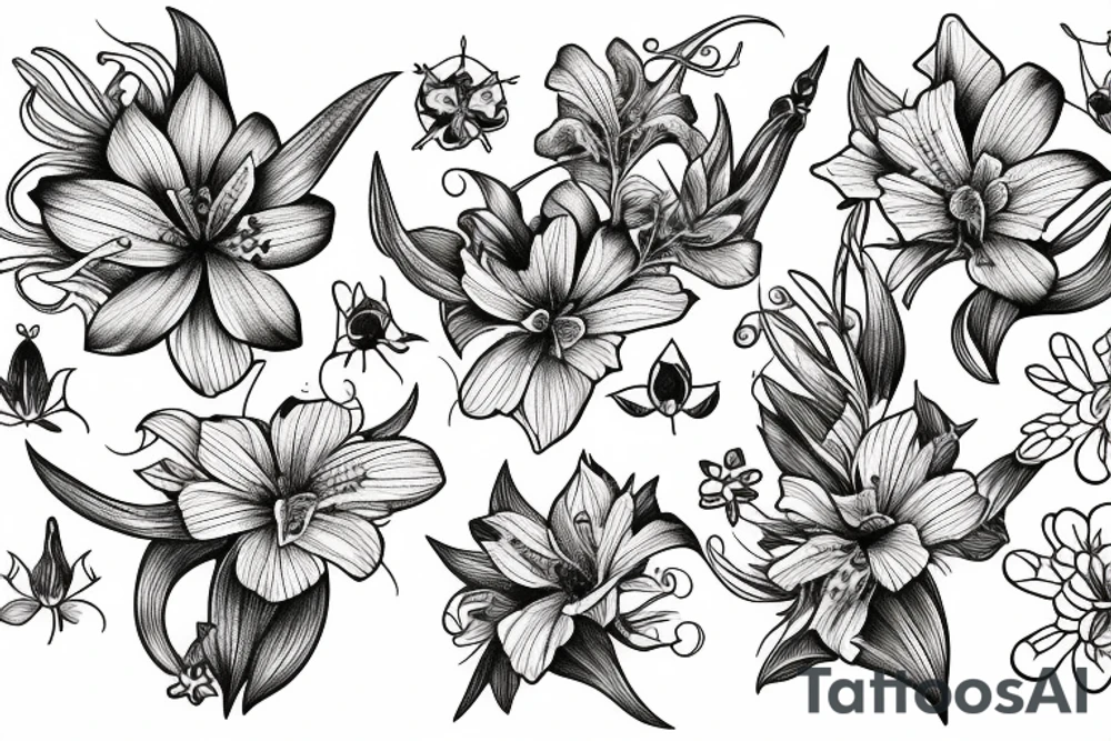larkspur, Lily, and cosmos flowers tattoo idea