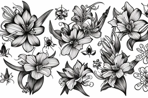 larkspur, Lily, and cosmos flowers tattoo idea