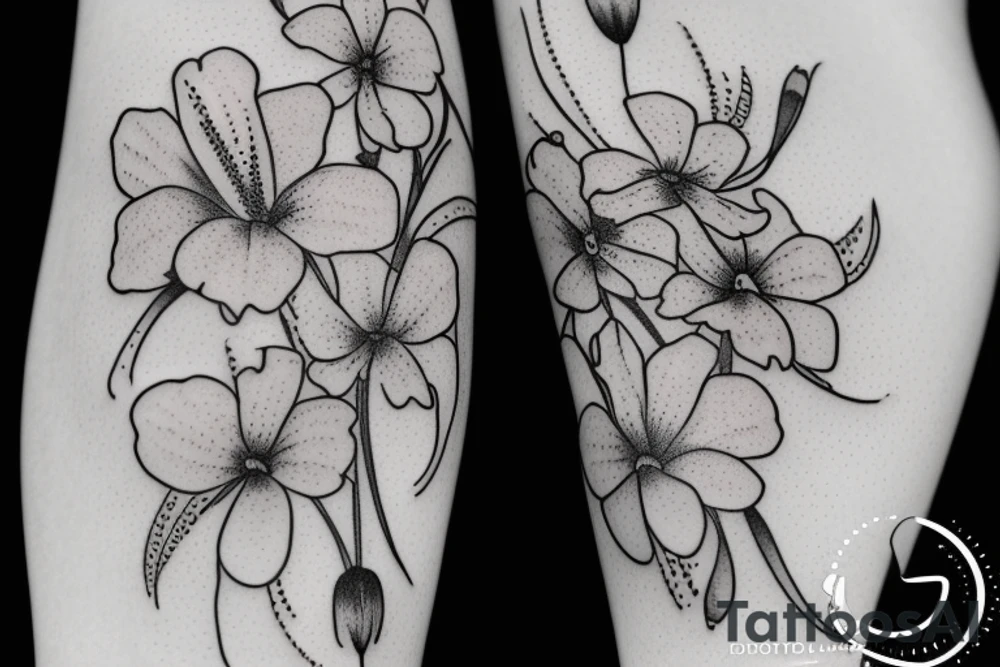 larkspur, Lily, and cosmos flowers tattoo idea