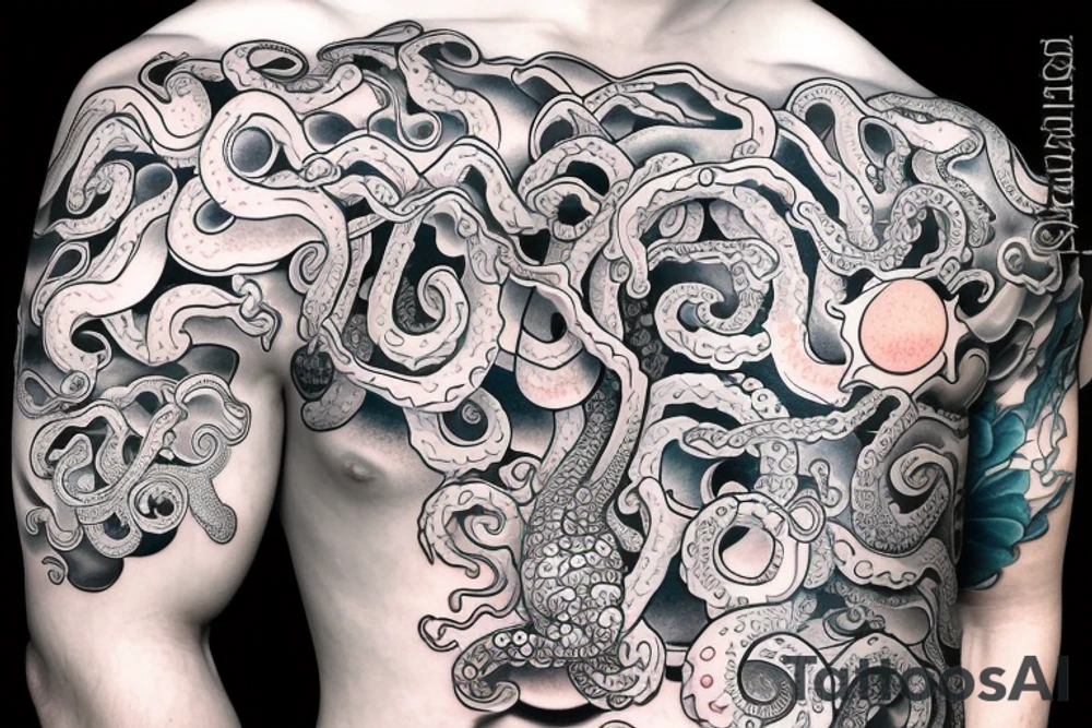 large light shading rising sun sun rays sun rise over ocean small octopus tattoo idea