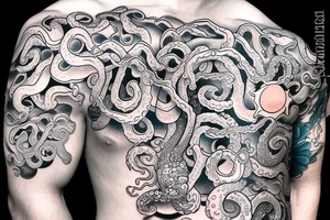 large light shading rising sun sun rays sun rise over ocean small octopus tattoo idea