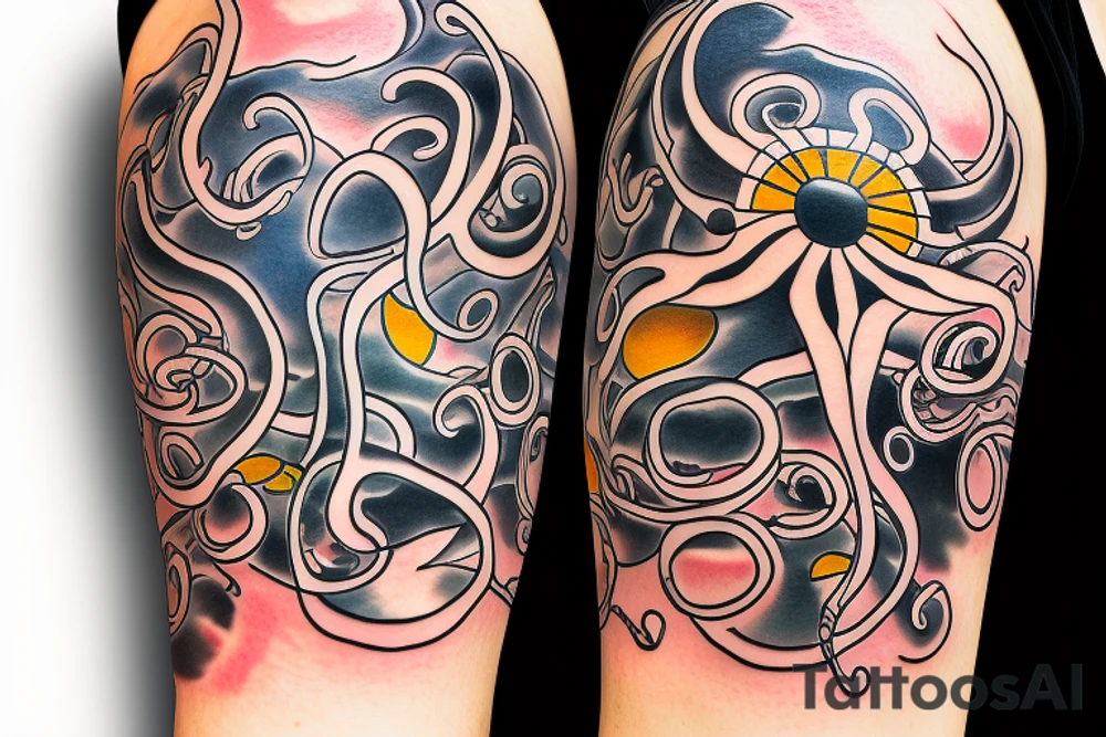 large light shading rising sun sun rays sun rise over ocean small octopus tattoo idea