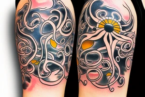 large light shading rising sun sun rays sun rise over ocean small octopus tattoo idea
