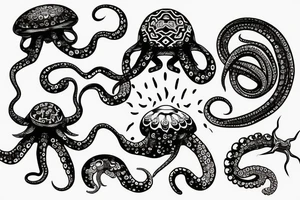 large light shading rising sun sun rays sun rise over ocean small octopus tattoo idea