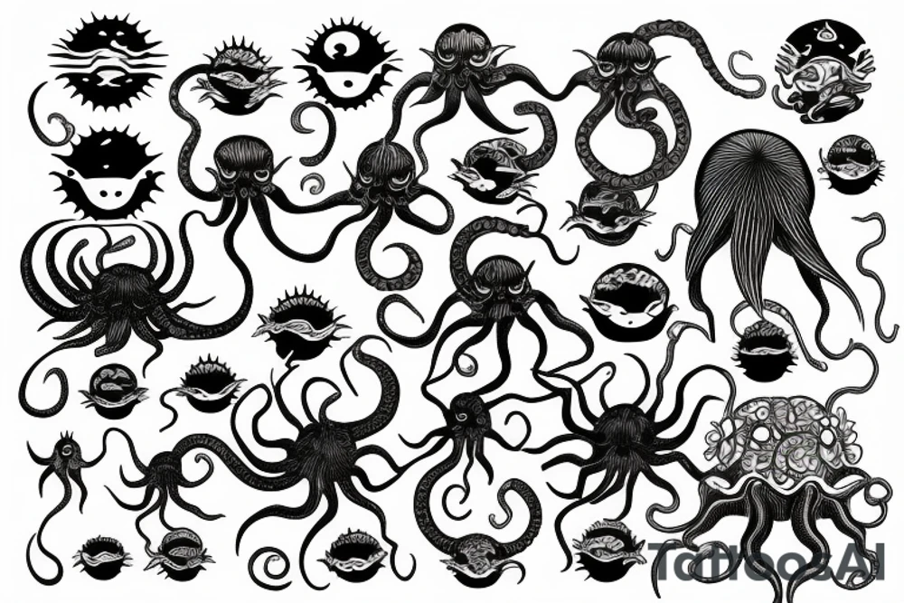 large light shading rising sun sun rays sun rise over ocean small octopus tattoo idea