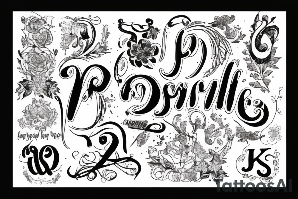 P5 written in fancy lettering with K W J T N inside the P tattoo idea