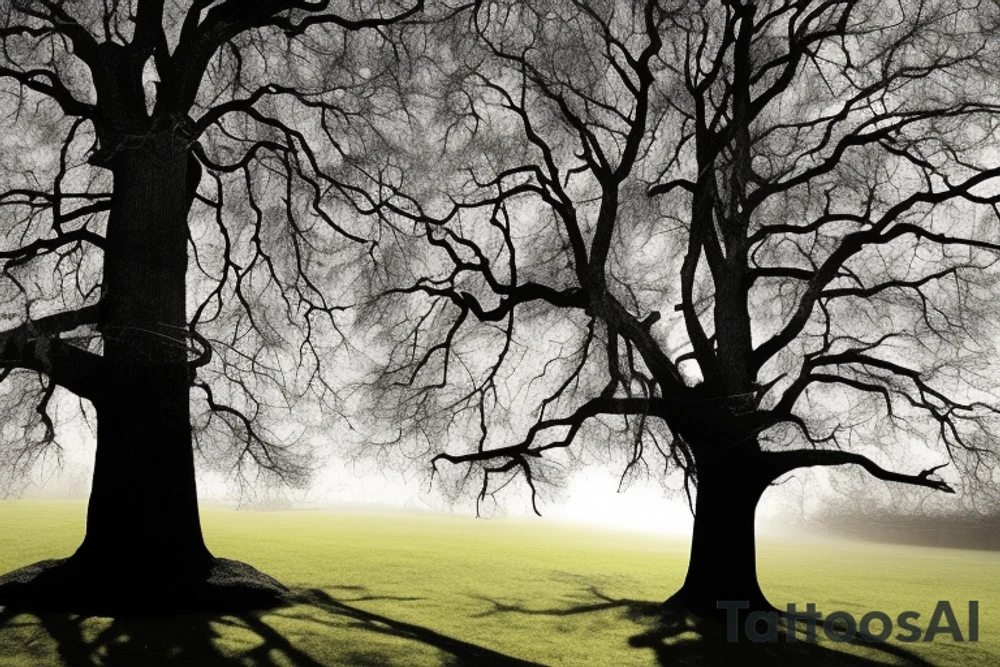 an image of a sycamore tree that is composed of words to create the image using the words from the following quote "The shadow that falls across the earth
is cast by the body.
The shadow of the spirit
is cast by the light.

What hurts you, blesses you.
Darkness is your candle.
Your boundaries are your quest.

I could explain this, but it would break the glass cover
on your heart, and there's no fixing that.

You must have shadow and light source both.
Listen, and lay your head under the tree of awe.

When from that tree feathers and wings sprout on you,
be quieter than a dove.
Don't even open your mouth for even a coo." tattoo idea