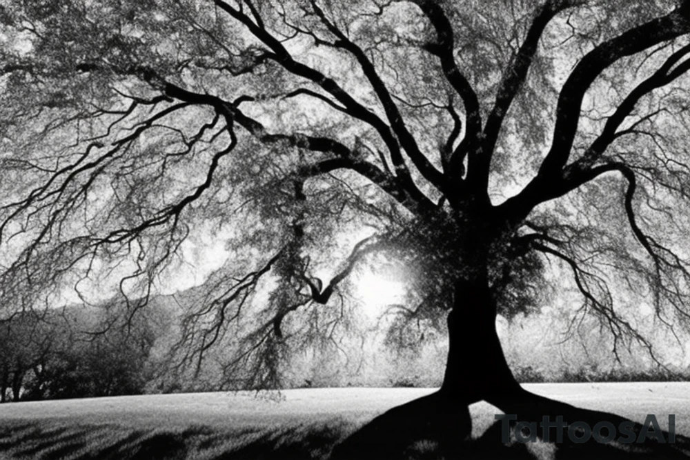an image of a sycamore tree that is composed of words to create the image using the words from the following quote "The shadow that falls across the earth
is cast by the body.
The shadow of the spirit
is cast by the light.

What hurts you, blesses you.
Darkness is your candle.
Your boundaries are your quest.

I could explain this, but it would break the glass cover
on your heart, and there's no fixing that.

You must have shadow and light source both.
Listen, and lay your head under the tree of awe.

When from that tree feathers and wings sprout on you,
be quieter than a dove.
Don't even open your mouth for even a coo." tattoo idea