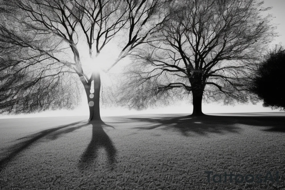 an image of a sycamore tree 
then take that image and use text to create the outlines of the tree
use the following text to create the outline 

The shadow that falls across the earth
is cast by the body.
The shadow of the spirit
is cast by the light.

What hurts you, blesses you.
Darkness is your candle.
Your boundaries are your quest.

I could explain this, but it would break the glass cover
on your heart, and there's no fixing that.

You must have shadow and light source both.
Listen, and lay your head under the tree of awe.

When from that tree feathers and wings sprout on you,
be quieter than a dove.
Don't even open your mouth for even a coo. tattoo idea
