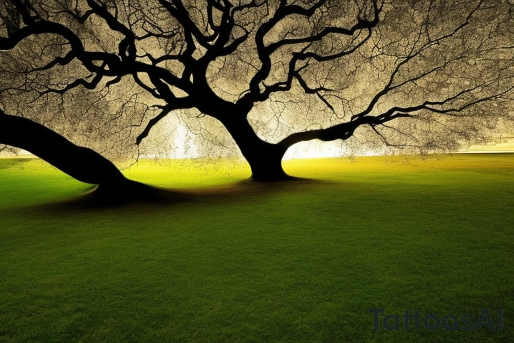 an image of a sycamore tree 
then take that image and use text to create the outlines of the tree
use the following text to create the outline 

The shadow that falls across the earth
is cast by the body.
The shadow of the spirit
is cast by the light.

What hurts you, blesses you.
Darkness is your candle.
Your boundaries are your quest.

I could explain this, but it would break the glass cover
on your heart, and there's no fixing that.

You must have shadow and light source both.
Listen, and lay your head under the tree of awe.

When from that tree feathers and wings sprout on you,
be quieter than a dove.
Don't even open your mouth for even a coo. tattoo idea