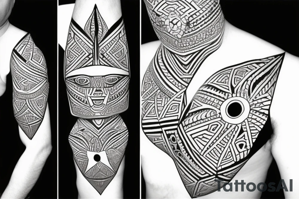 Raksha mask in geometric style tattoo idea