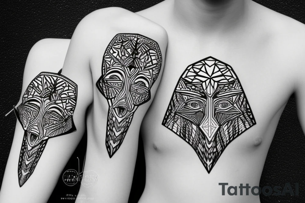 Raksha mask in geometric style tattoo idea