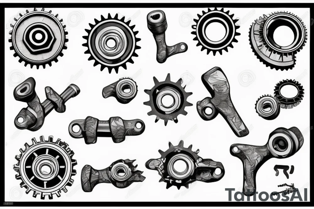 Intermeshing gear set wrenches pistons fire tattoo idea