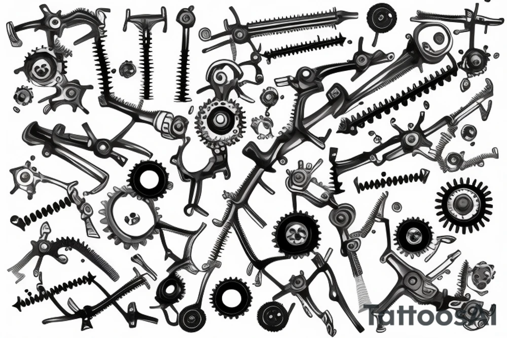 Intermeshing gear set wrenches pistons fire tattoo idea