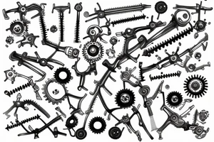 Intermeshing gear set wrenches pistons fire tattoo idea