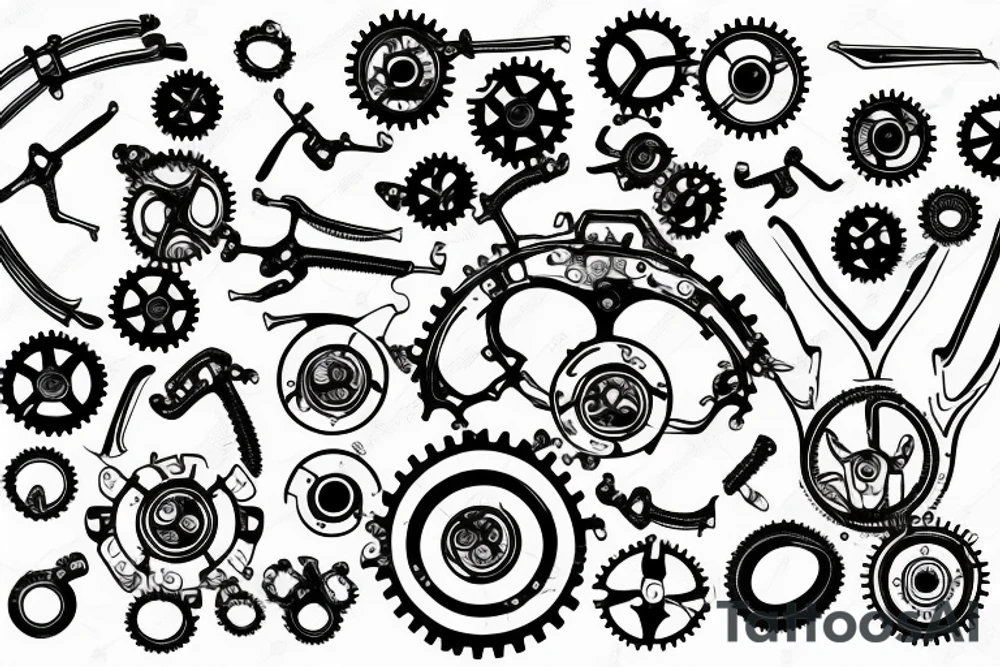 Intermeshing gear set wrenches pistons fire tattoo idea