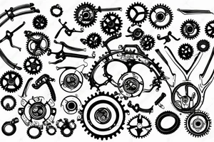Intermeshing gear set wrenches pistons fire tattoo idea