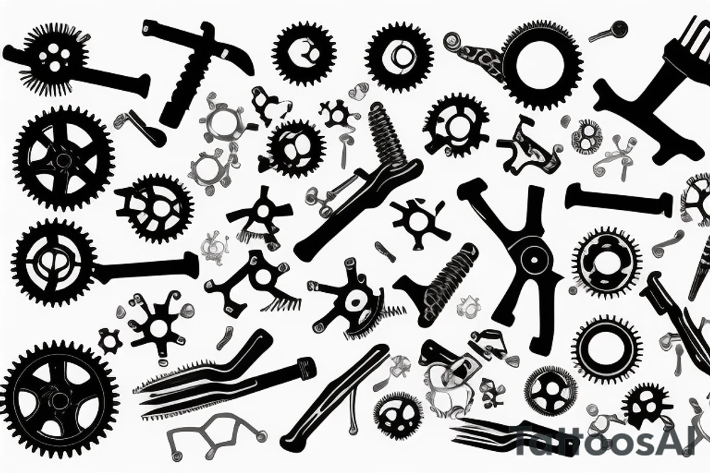 Intermeshing gear set wrenches pistons fire tattoo idea