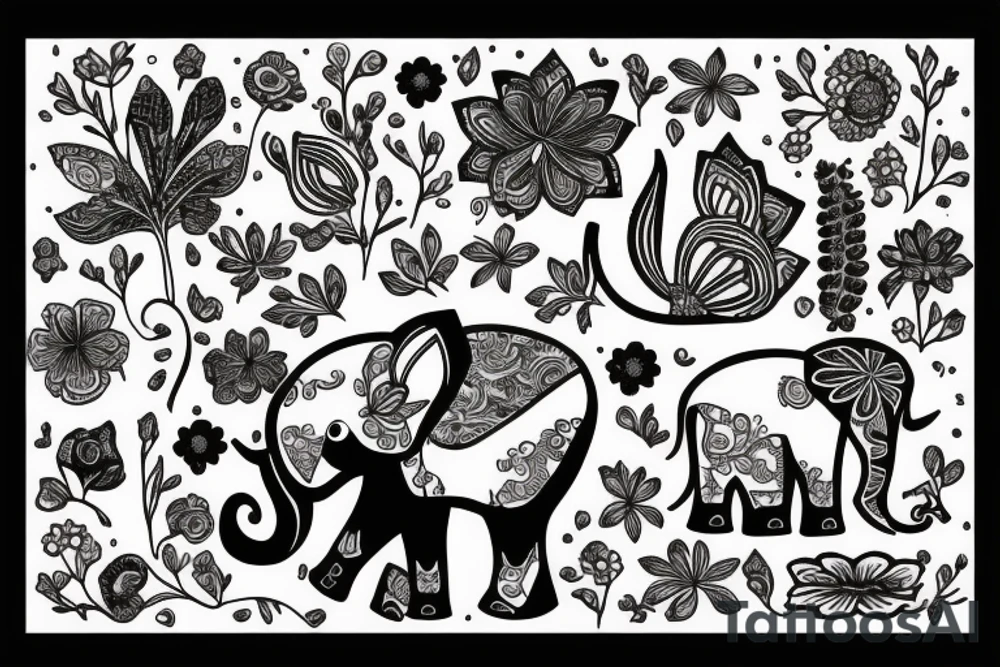 Elephant, flowers, cat tattoo idea