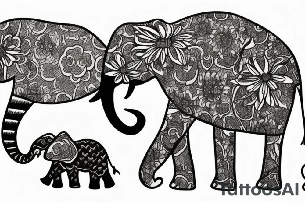 Elephant, flowers, cat tattoo idea