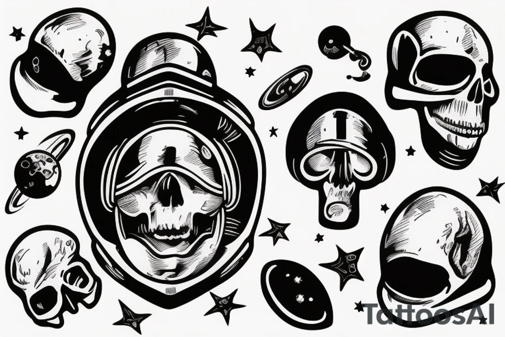 astronaut with a skull in its helmet floating across the space tattoo idea
